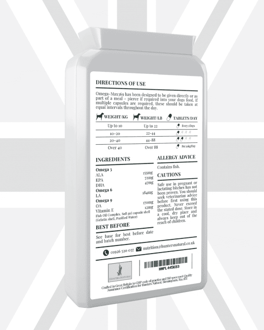 Omega-Max 369 Skin and Coat Supplement For Active Working Dogs - Hunters Natural Back